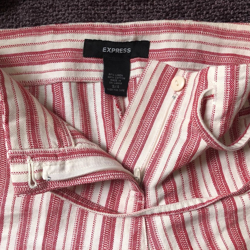 Express, Linen and Cotton, Red and Cream Striped Wide Leg Pant, Size 3/4 - Picture 5 of 11
